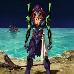 an imp pirate stands beside his wrecked spelljammer at the bottom of a dried - up lake in a turquoise desert beneath a starless night sky, evangelion, kyoto animation still, intricately detailed features, digital painting, yoshiyuki sadamoto
