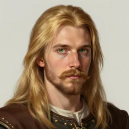 half - length portrait of a 3 5 - year - old human male noble with long blonde hair, handlebar mustache, green eyes, medieval setting, detailed face, highly detailed, artstation, concept art, sharp focus, illustration, by greg rutkowski, craig mullins, kenne gregoire