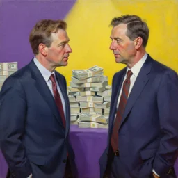 beautiful realistic hyperrealist oil painting men in suits with tie talking and stacks of money in the background painted by richard estes and alice neel, spotlight lighting, yellow and purple, hyperrealistic oil painting spectacular detail trending on artstation 8 k