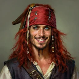 portrait of a young ruggedly handsome but joyful pirate, male, masculine, upper body, red hair, long hair, d & d, fantasy, piercing eyes, intricate, elegant, highly detailed, digital painting, artstation, concept art, matte, sharp focus, illustration, art by artgerm and greg rutkowski and alphonse mucha