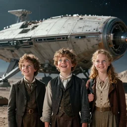 sharp sharp, highly detailed, film from a blockbuster sci fi 8 k color movie, set in 1 8 6 0, family standing in front of a crashed spaceship, on alien planet, looking happy, wearing 1 8 5 0 s era clothes, atmospheric lighting, in focus, reflective eyes, 3 5 mm macro lens, live action, nice composition, good photography, clear facial details