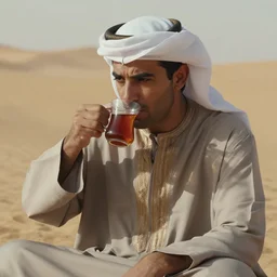eric zemmour drinking tea in the desert in djellaba, cinematic shot, close shot, natural light