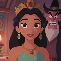 Aztec Disney princess meets the evil villain by Glen Keane, Disney 2D Traditional Animation, Semi Realistic Anime, symmetrical face, beautiful eyes, Disney Renaissance film, Cel Shaded, cinematic, widescreen, 4K