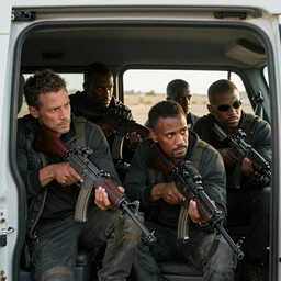 movie diverse interracial team of robbers armed with rifles interior van, beautiful skin, natural lighting by Emmanuel Lubezki