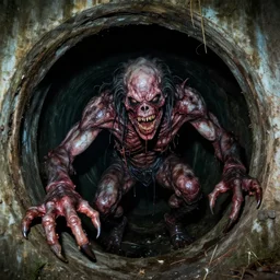 flash photography of a disgusting giant horrifying creature inside an abandoned sewer