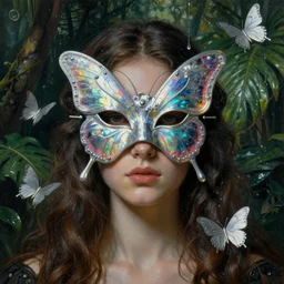 baroque neoclassicist close - up portrait of a being wearing an iridescent butterfly mask, in front of a wet jungle. silver butterflies. highly detailed science fiction painting by norman rockwell, frank frazetta, and syd mead. rich colors, high contrast, gloomy atmosphere. trending on artstation and behance.