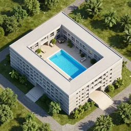 an aerial view of a building with a pool in the middle, a 3 d render by filip hodas, cgsociety, photorealism, isometric, terragen, artstation hq