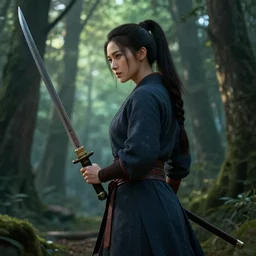 beautiful cinematic fantasy poster, asian woman side view using a bokken in forest, wooden sword ; by artgerm ; wayne n reynolds art station ; cinematic quality character render ; high quality ac - h 9 6 0