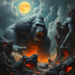 concept art of giant gorilla, lava rocks, renaissance, roaring, melting horror, round moon, rich clouds, fighting the horrors of the unknown, overgrown, very detailed, volumetric light, mist, fine art, decaying, textured oil over canvas, epic fantasy art, very colorful, ornate scales, marc simonetti