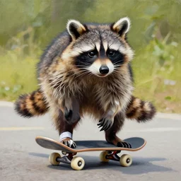 detailed painting of a raccoon riding a skateboard