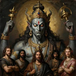a beautiful cinematic masterpiece gothic headshot portrait of majestic colossal hindu asura demon god ravan from ramayan, symmetric centered portrait, by sandro botticelli, by caravaggio, by wayne barlowe, by bruce pennington, by greg rutkowski, by tim hildebrandt, oil on canvas, trending on artstation, brilliant diffused studio lighting, sharp, hyper - detailed, cinematic composition, no frames, hd, 8 k