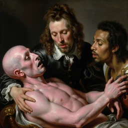A 17th century Baroque Painting of Filthy Frank with iDubbbz and Maxmoefoe viewing the death of Pink Guy, grainy, realistic, hyperrealistic, very realistic, very very realistic, highly detailed, very detailed, extremely detailed, detailed, digital art, trending on artstation, detailed face, very detailed face, very detailed face, realism, HD Quality, 8k resolution, intricate details, body and head in frame, painting, oil painting, trending on deviantart, Baroque Painting