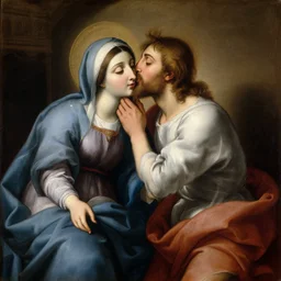 an oil panting of a young jesus kissing maria maddalena