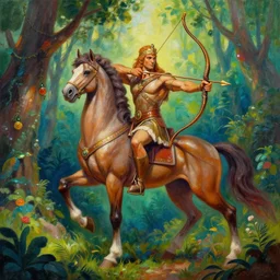 centaur with bow and arrow, mythical greek character painting, lush forest, colourful, vibrant, trending on artstation