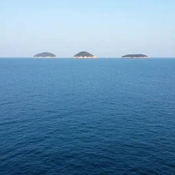 a still ocean with floating islands in the far distance