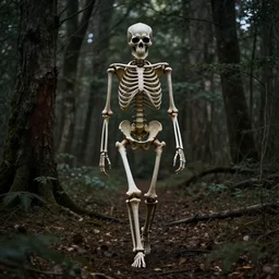 a mysterious photography of a skeleton walking in a wood, hyper detailed, dark, 8 k, hd,