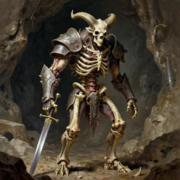A spiked horned semiork-semihuman skeleton with armored joints stands in a large cave with sword in hand. Massive shoulderplates. Extremely high detail, realistic, fantasy art, solo, masterpiece, bones, ripped flesh, saturated colors, art by Zdzisław Beksiński, Arthur Rackham, Dariusz Zawadzki