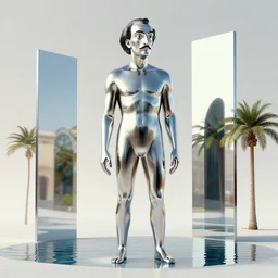 hyperrealistic geometric objects in a surreal minimalistic dreamscape environment by salvador dali, enormous chrome man, highly detailed, 3 d render, octane, beautiful lighting, photorealistic, intricate, elegant, wayne barlowe, water, mirrors, doorway, beautiful, masterpiece, trending on artstation, artgerm, palm tree