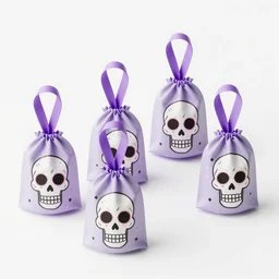 photoshoot of day of the death birthday party celebration, isometric, side view, decoration, front view, clean, tidy, close up photo of party favors, fun bags, loot boxes, gifts tags, favor tags, photo realistic, hyper realistic, 8 k resolution, hyperrealistic, octane render