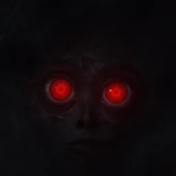 two red eye dots in a dark atmosphere, 4 k, photography, creepy, highly detailed