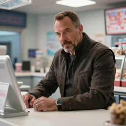 film still of Nick Fury working in an Ice Cream shop in the new Avengers movie, 4k