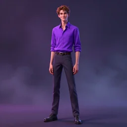 detailed character full body portrait of a skinny androgynous merchant smirking purple button shirt on smoky neon background artgerm greg rutkowski mucha