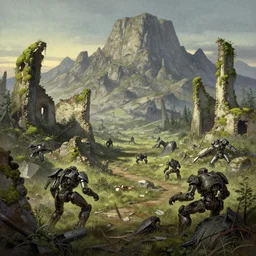 the concept illustration of wasteland, ruins after the battle, desolate world, moss creeping up the ruins, the rocky mountain in background, the broken remains of mechs, greg rutkowski, james gurney, johannes voss, john harris, alena aenami, hasui kawase artworks in 4 k