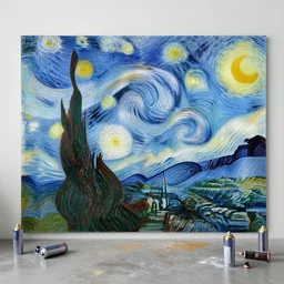 a wide angle shot of vincent van gogh spraypainting his masterpiece, spraycans on the floor everywhere