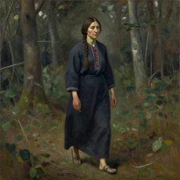 indigenous woman walking in the forest, painted by lucian freud, hd, super detailed, realistic, muted colors