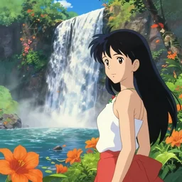 an epic makoto shinkai and renoir landscape with a hawaiian waterfall, orange flowers, 🌺, a beautiful woman, ultra smooth, octane render