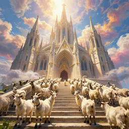 a herd of goats! on stairs in a beautiful fantasy cathedral, epic, grandiose, many goats, magic, tall towers, gorgeous clouds, colorful, sunrays, digital painting, landscape, octane render, unreal engine, high detail, very realistic, by alphonse mucha