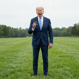 joe biden standing on a grass field whilest presenting a phone and screaming directly into the camera.