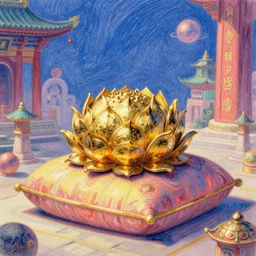 a pastel in the style of noriyoshi ohrai and mark tedin of an ancient holy gilded metal lotus artifact that sits in a temple on pillow. key art. 4 k retrofuturistic fantasy
