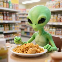 a alien from Venus having a light meal in a Venus version of a convenient store, photo focused on the meal