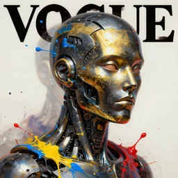 3 d, metalic black and gold head of cyborg, vogue cover style, paint splatters, blue and yellow and red paint splashes, paint drops whirling in the air, 3 d poster art, high detail, 3 d intricate oil painting, multiple exposure, stanley kubrick mood, hyperrealism, 3 d, by tooth wu and wlop and beeple and greg rutkowski