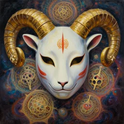 oil painting of fractal god close - up frontal portrait with ram golden hollow mandala wired mandelbulb skull. beautiful mandelbrot intricately detailed japanese fractal kitsune mask and clasical mandelbulb, nebula,, creature, mandelbulb, fractal, artwork by tooth wu and wlop and beeple and greg rutkowski