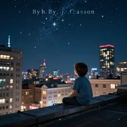 a kid in a big city, on a rooftop, watches a beautiful night full of stars and tech buildings, from a by a. j. casson