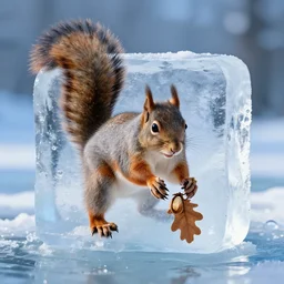 a squirrel removing an american oak nut from a very large ice cube photograph ice age