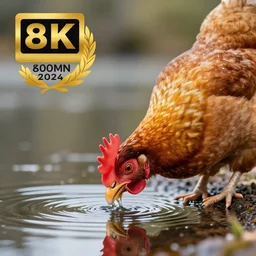 Professional photo of a Close up photo of a chicken, drinking water from a lake in Tasmania, bokeh, 100mm lens, 8K award winning nature photography