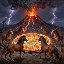 a horse of strange creatures from hell fighting over a very large pizza in front of a volcano spewing lava and black smoke, from below, streams of glowing hot lava, flashes of lightning in the distance, wide shot, long shot, an ultrafine detailed painting by joe fenton, deviantart, pop surrealism, whimsical
