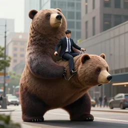 a businessman riding a giant bear in the city, trending on artstation