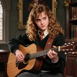 Hermione Granger/Emma Watson wearing a black sweater, playing a guitar, in the Gryffindor common room, portrait photo by Canaletto