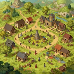 medieval village overview in moving out game on nintendo switch. artwork by artgerm and mucha and norman lindsay