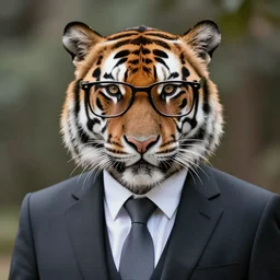 high quality portrait photo of a tiger dressed in a business suit and tie, !!wearing stylish spectacles!!, !Anthropomorphic!, photography 4k, f1.8 bokeh, 4k, 85mm lens, sharp eyes, looking at camera