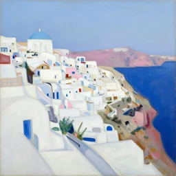 abstract landscape painting of seaside town santorini, white, blue, pink, by borgeaud, marius borgeaud, sonia delaunay, albert marquet, richard diebenkorn, ilse d'hollander, etel adnan