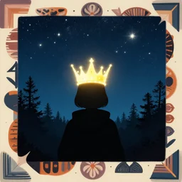 a glowing crown, silhouette with hood under a sky full of stars in a forest in england, sunburst, sense of longing, rule of thirds, clever design, decorative modern graphic design collage border, by hannah hoch and jesse treece and christian jackson and josh brill
