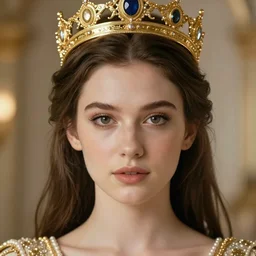 realistic portrait of the future queen with golden crowns and pretty eyes, ultra realistic, 8k