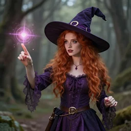 a fantasy red headed, witch who is cute casting spells