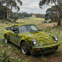 hyper realistic painting of an abandoned Porsche 911 Turbo covered with moss, an Australian summer landscape, by Zdzislaw Beksinski