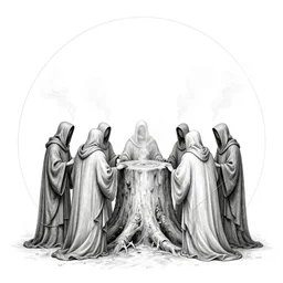 a high detail intricate drawing of a stump surrounded by hooded figures smoke billowing from robes a circle cut into the ground surrounds them, a woodcut by harold mcneill, pixabay, modern european ink painting, ultrafine detail